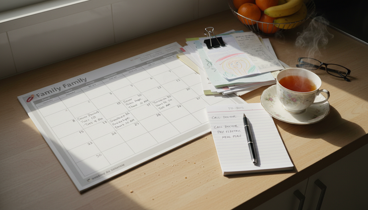 Overhead view of a family calendar and household papers on a kitchen counter