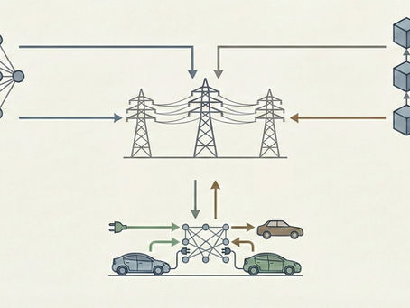 Network diagram shows power lines, grids, and nodes. Arrows connect elements to two cars and an electric plug. Neutral colors.
