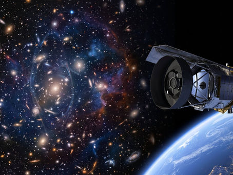 Space telescope orbiting Earth with a glowing galaxy field and stars in the background, evoking a vast, quiet cosmos