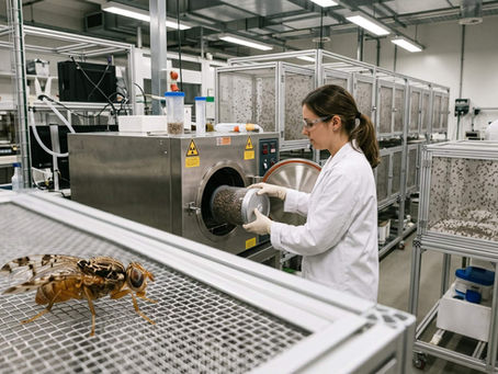 Scientist in a lab loads a jar of flies into a machine, with insect cages and a close-up fly on a mesh screen in the foreground.