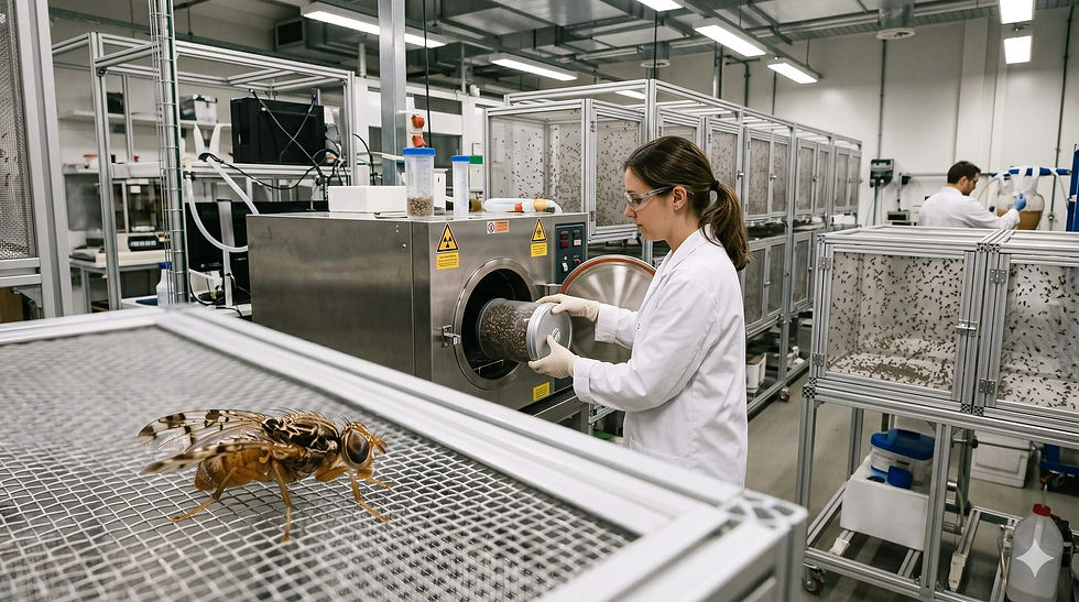 Scientist in a lab loads a jar of flies into a machine, with insect cages and a close-up fly on a mesh screen in the foreground.