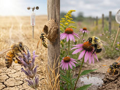 Bees and wasps gather nectar on purple flowers in a split setting: dry field with thermometer and lush meadow with wildflowers.