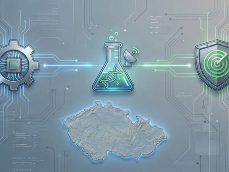 Circuit-themed image with a gear, DNA flask, shield, and circuit lines. Blue and green accents, map outline below the icons. Futuristic feel.