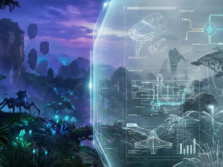 Futuristic landscape (Avatar) with neon plants, a dark creature, and floating rocks. A robotic arm interacts with holographic data and charts.