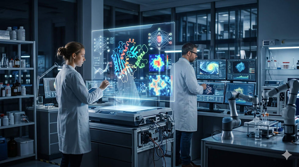 Two scientists in a high-tech lab study a glowing protein model on a holographic display, with data monitors and robotic arms nearby.