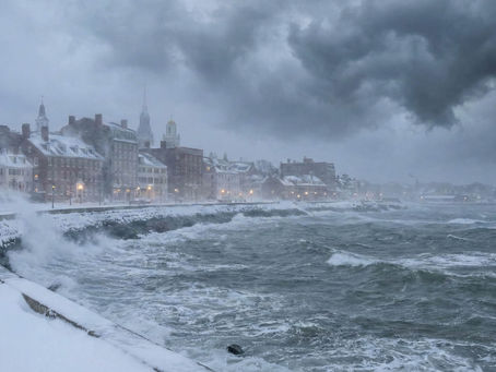 Snowstorm over a coastal town with turbulent waves, snow-covered buildings, and dark clouds. Streetlights glow dimly in the snowy haze.
