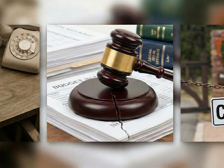 A rotary phone on a wooden desk, a cracked gavel on legal documents, and a "Closed" sign on a gate at a national park entrance.