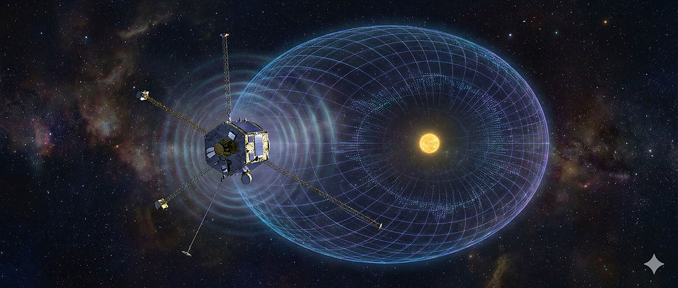 A spacecraft in space emits blue wave patterns around a glowing yellow object, with a starry background. Sci-fi and exploration theme.