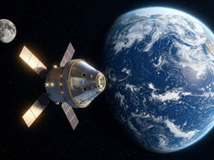 Spaceship with solar panels orbits Earth with the Moon in the background. NASA logo visible. Star-filled space surrounds the scene.