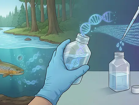Gloved hand holds bottle by stream with fish; DNA strands connect to computer screen with graphs and code, symbolizing genetic analysis.