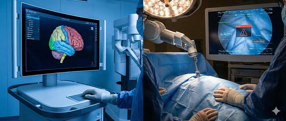 Robotic surgery in progress; a screen shows a colored brain image, another shows an error message. Surgeons in blue scrubs operate.