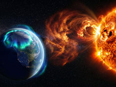 Earth in space with a bright green aurora, facing a massive fiery sun blasting solar flares across a starry background