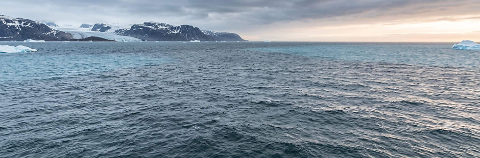Icy sea with floating icebergs, snowy mountains, and a cloudy sunset over a calm Arctic coastline.