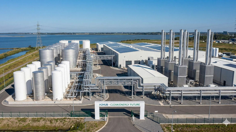 Industrial plant with large tanks and solar panels by a lake under a clear blue sky. Sign reads "H2Hub - Clean Energy Future."