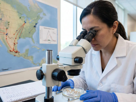 Scientist in a lab coat peers into a microscope beside a petri dish, with a wall map of North America behind her.