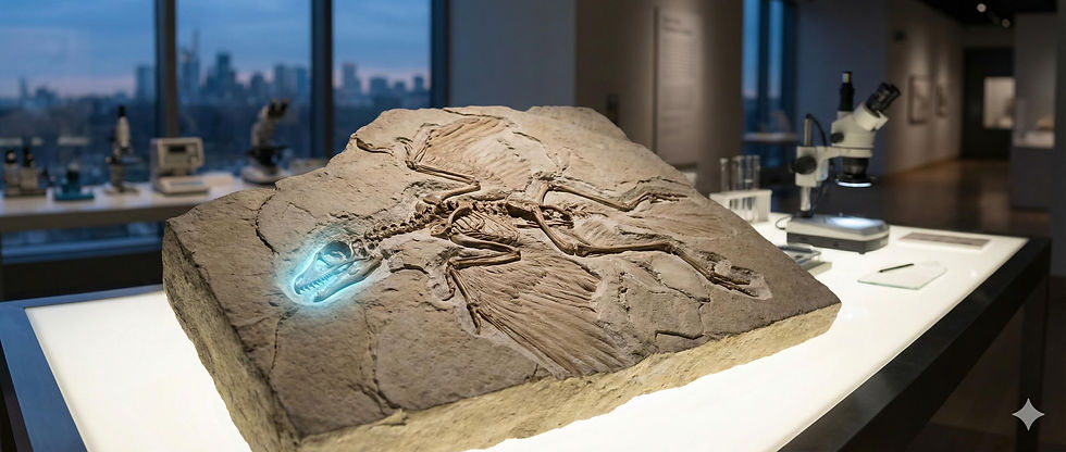 A dinosaur fossil lit with a blue glow is displayed on a lit table in a modern museum, with microscopes and cityscape visible in the background.