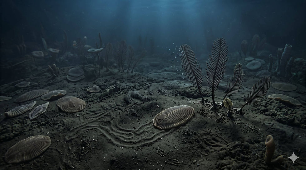 Dark underwater seabed with fossil-like sea plants and shell shapes under blue light, creating an eerie, quiet mood.