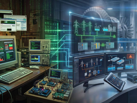 Cyber control room with old monitors, code, and power grid diagrams over industrial equipment and data-flow graphics