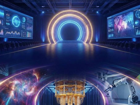 Futuristic conference room with neon-lit arch, data screens showing global maps and graphs, DNA helix, galaxy, and robotic arm.