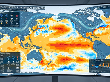 Curved monitor shows global atmospheric and oceanic weather analysis map with colorful SST anomalies, arrows, and ONI graph in a lab