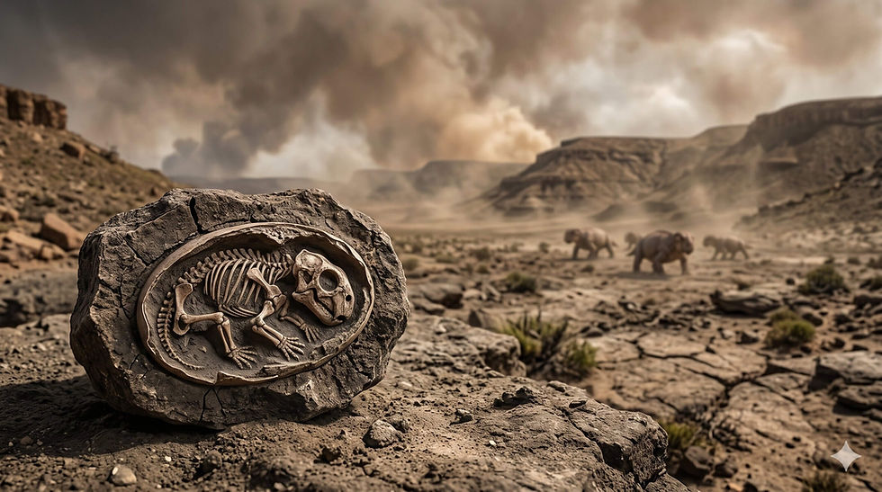 Fossilized animal skeleton in a rock foreground, with elephants walking through a dusty canyon under a smoky, dramatic sky.
