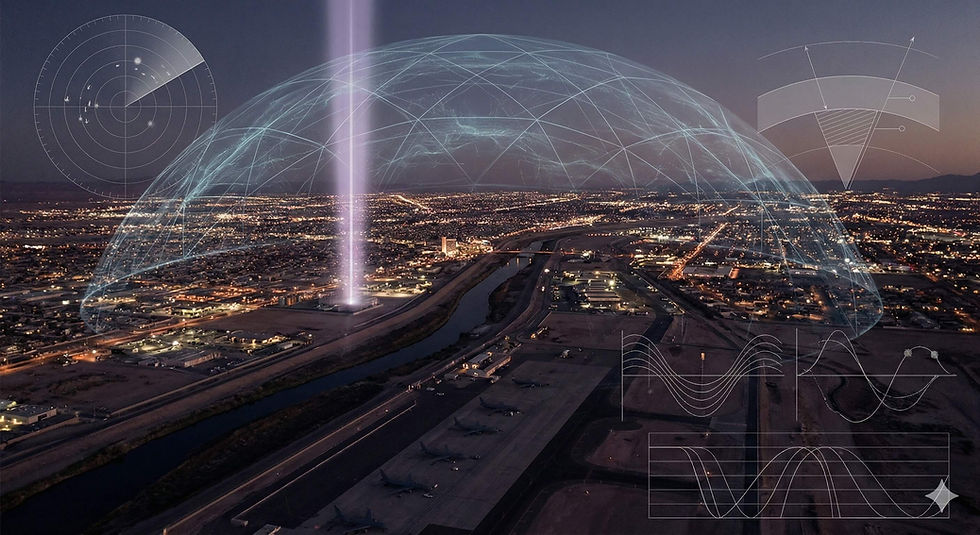 Cityscape at dusk with a glowing beam of light and a digital dome overlay. Radar and wave patterns are visible, suggesting a futuristic theme.