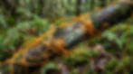 Orange cordyceps fungus coils over a mossy fallen log in a lush green forest, with a glowing center.