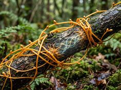 Orange cordyceps fungus coils over a mossy fallen log in a lush green forest, with a glowing center.