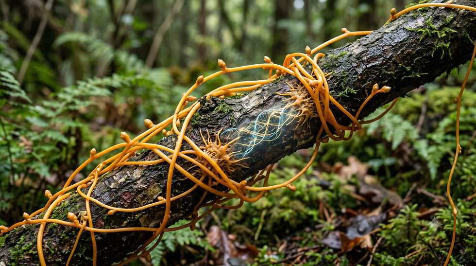 Orange cordyceps fungus coils over a mossy fallen log in a lush green forest, with a glowing center.