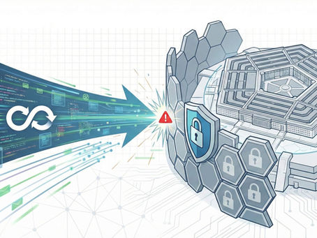 Digital data represented by a green arrow hits a gray shield with a lock symbol, indicating cybersecurity. A red alert triangle appears.