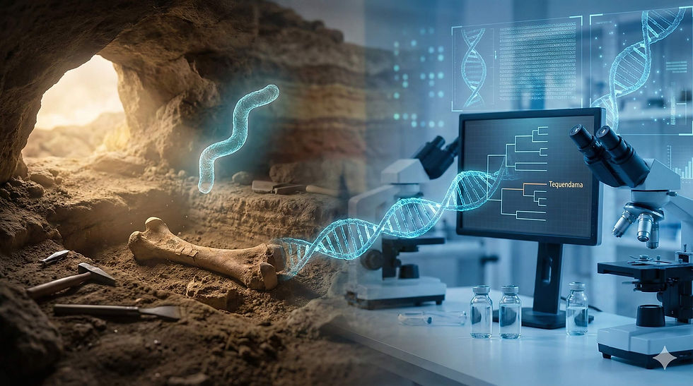 A cave with a bone on the ground contrasts with a modern lab featuring a microscope and DNA graphics on a screen displaying "Tequendama."