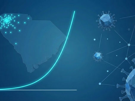 Map with glowing dots over South Carolina, a rising graph line, and virus (measles) illustrations on a blue background, indicating data spread.