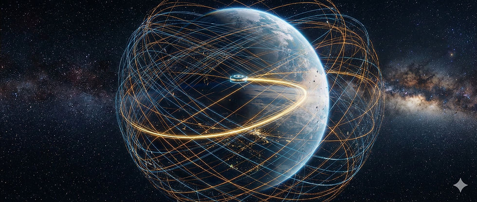 Earth in space with glowing blue and orange lines orbiting it, against a starry galaxy backdrop, creating a futuristic and technological feel.