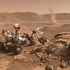 Mars rover drills a layered rock on a dusty red canyon plain, with a distant dust devil under a hazy sky.