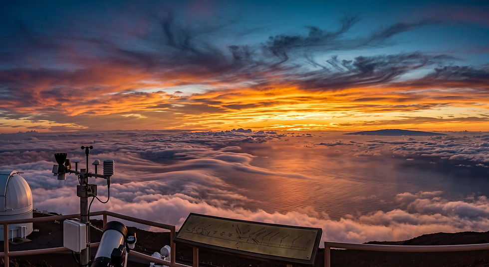 Sunrise over a sea of clouds from an observatory deck, with weather instruments and a telescope in the foreground, calm and glowing.