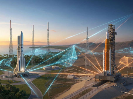 Two rockets on launchpads with digital lines connecting towers, under a crescent moon. Sunset over ocean and hills sets a futuristic mood.