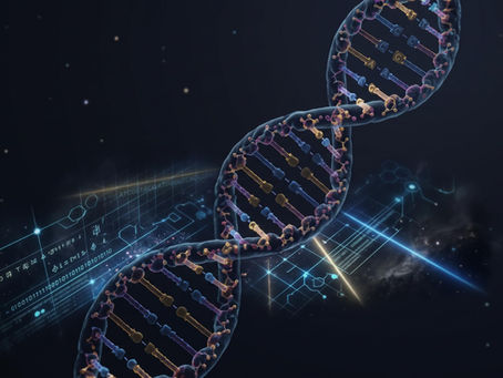 Glowing DNA double helix with A, C, G, T letters over a dark futuristic digital grid.