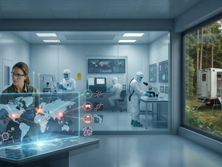 Scientists in a high-tech lab analyze global outbreak data while field workers test a cow beside a mobile lab in mountains.