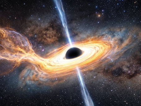 Glowing black hole with orange accretion disk and blue jets in a star-filled space scene