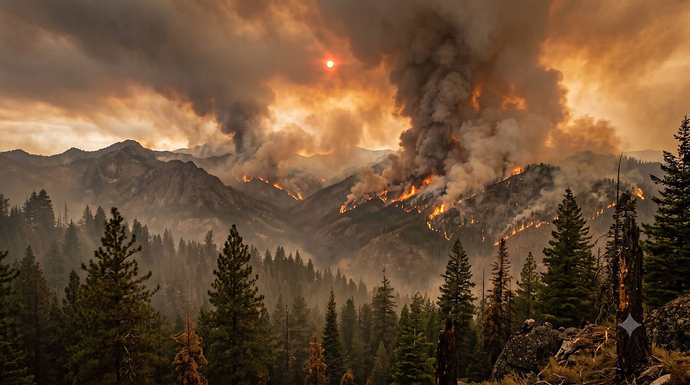 Wildfire burns across forested mountains at sunset, with thick smoke columns and orange flames under a hazy sky