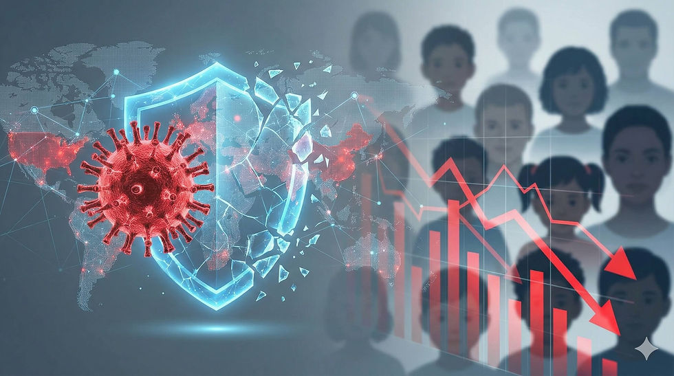 Red virus, digital shield, and graph with downward trend over a world map. Blurred people in the background, conveying pandemic impact.