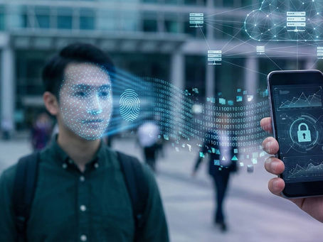 Man's face analyzed digitally by smartphone with a lock screen, in a cityscape with pedestrians and blue network graphics.