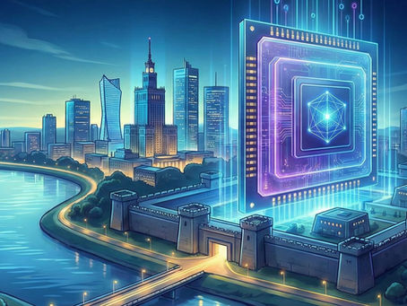 Futuristic cityscape at dusk with a glowing microchip hovering above a castle. River, skyscrapers, and blue neon tones set a sci-fi mood.
