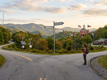 Masked woman with backpack stands at a forked mountain road, beside blank signposts and flags, amid autumn hills.