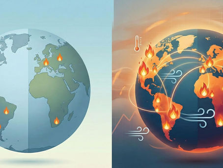 Two illustrations of Earth with flames indicating global warming. The left globe is subtle, while the right has vibrant colors and symbols.