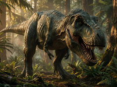 A roaring T. rex strides through a sunlit tropical rainforest, jaws open amid dense ferns and towering trees.