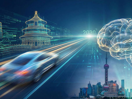 Futuristic scene with a blue car speeding through digital landscapes in China featuring the Great Wall, a brain, and city skyline with "2030" text.