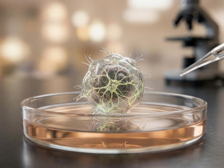 Petri dish with a spherical, translucent organism with vein-like structures. A pipette is nearby. Blurred microscope in the background.