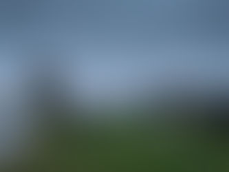 Cows graze in a green pasture near a windmill. A line of birds flies overhead. People in blue attire stand by barns under a cloudy sky.