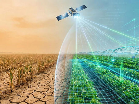 Satellite beams digital data over split image of dry, cracked field and lush green crops, highlighting contrast. Digital grid overlays.